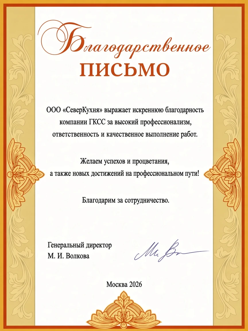 Благодарственное письмо ООО «СеверКухня»
