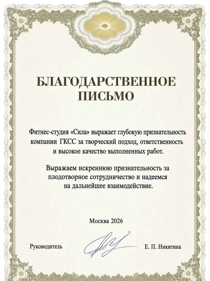 Благодарственное письмо студии «Сила»